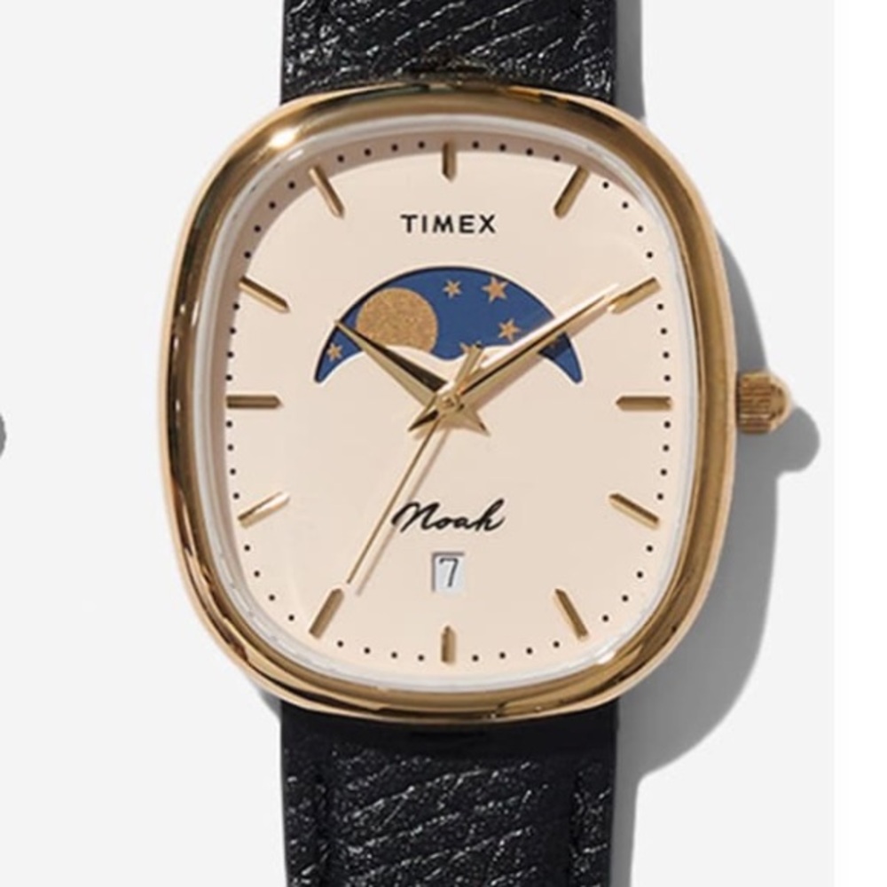 Noah X Timex Moon Phase Watch. Gold Watch, Black Leather Strap. Date Window - Picture 3 of 6